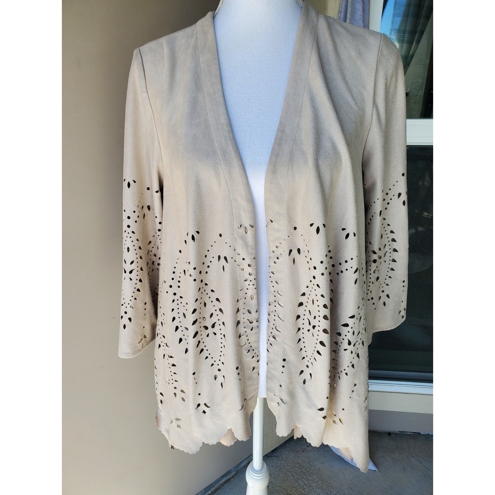 Chicos Faux Suede Open Front Cardigan Womens S Tan Laser Cut Scalloped Hem Boho
